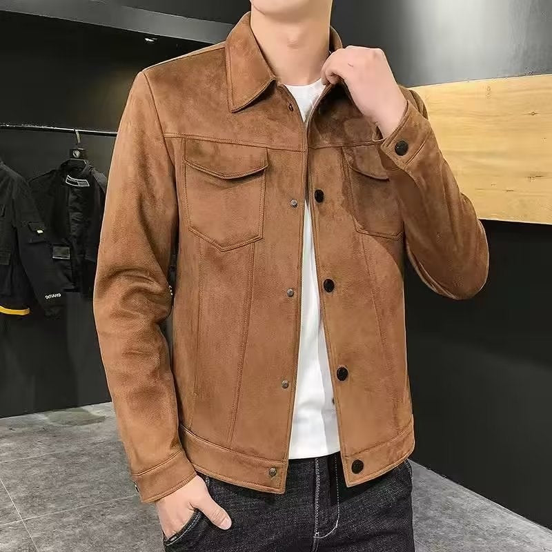 Men’s Casual Loose-Fit Top – Suede-Style Solid Color Shirt with 3D Patch Pockets