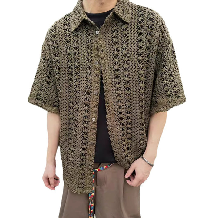 Men’s Retro Hollow-Out Knitted Short Sleeve Cardigan – Summer Loose-Fit Top