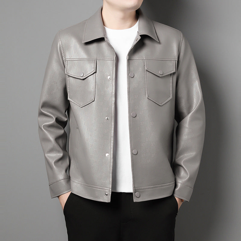 Men’s Lightweight Printed Leather Jacket – Slim Fit Lapel Coat for Spring & Autumn