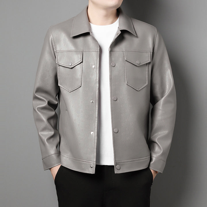 Men’s Lightweight Printed Leather Jacket – Slim Fit Lapel Coat for Spring & Autumn