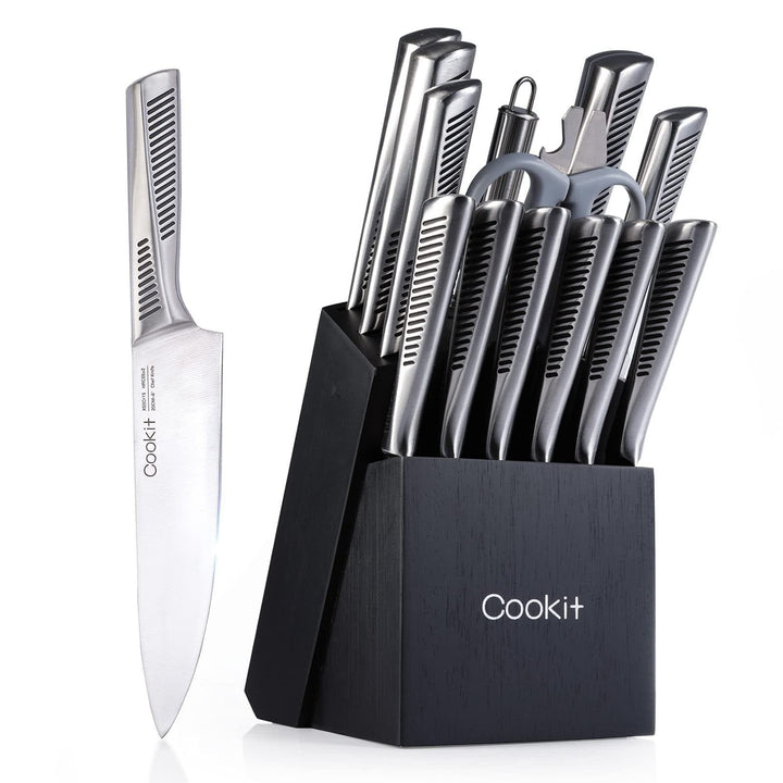 15 - Piece Professional Kitchen Knife Set with Wooden Block – German Stainless Steel Chef Cutlery Set with Steak Knives, Kitchen Scissors & Sharpener by LUXE AHMAR – Available at LUXE AHMAR