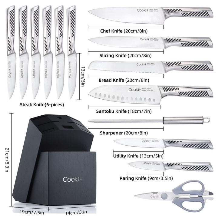 15 - Piece Professional Kitchen Knife Set with Wooden Block – German Stainless Steel Chef Cutlery Set with Steak Knives, Kitchen Scissors & Sharpener by LUXE AHMAR – Available at LUXE AHMAR