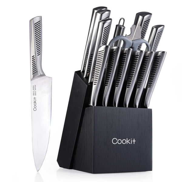 15 - Piece Professional Kitchen Knife Set with Wooden Block – German Stainless Steel Chef Cutlery Set with Steak Knives, Kitchen Scissors & Sharpener by LUXE AHMAR – Available at LUXE AHMAR