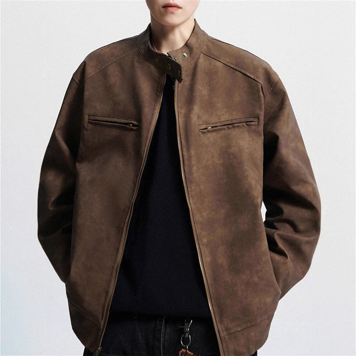 Men’s Vintage Motorcycle Leather Jacket – PU Stand-Up Collar Distressed Coat