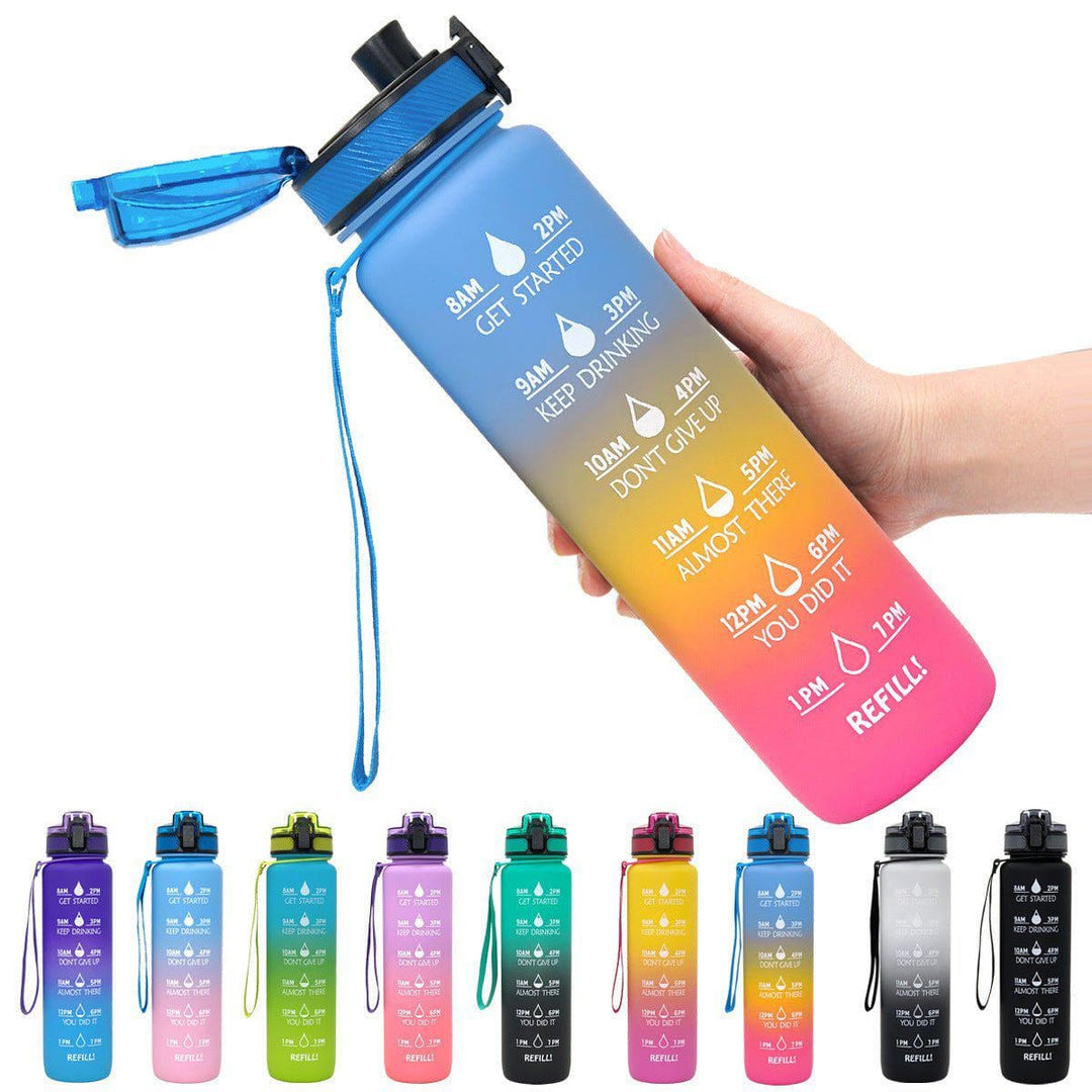1L Tritan Motivational Water Bottle with Time Marker – Leakproof Flip - Top Sports Bottle with Strap & Strainer for Fitness, Gym, and Outdoor Use by LUXE AHMAR – Available at LUXE AHMAR