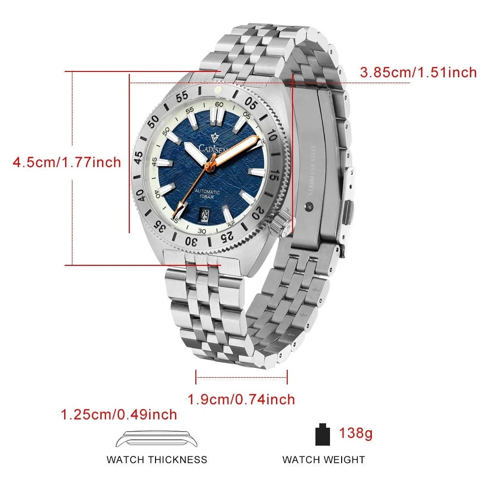 2025 CADISEN C8231 Men's Automatic Watch – Meteorite Dial, Sapphire Crystal, 10Bar Waterproof, 8215 Movement, Stainless Steel Business Casual Timepiece by Luxe Ahmar – Available at LUXE AHMAR