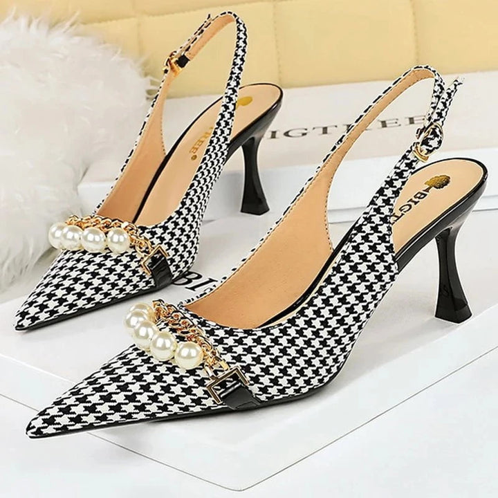 2025 Spring Women’s Pumps – Luxury Pearl & Metal Chain Stilettos with Checked Grain, High Heels Banquet Shoes for Women (Size 43) by Luxe Ahmar – Available at LUXE AHMAR