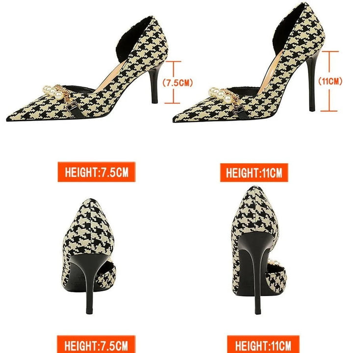 2025 Spring Women’s Pumps – Luxury Pearl & Metal Chain Stilettos with Checked Grain, High Heels Banquet Shoes for Women (Size 43) by Luxe Ahmar – Available at LUXE AHMAR
