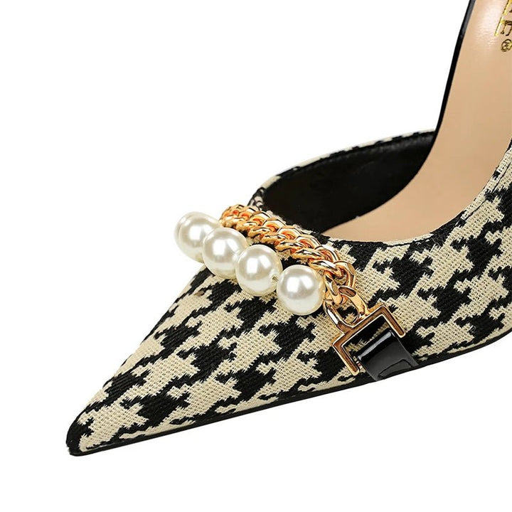 2025 Spring Women’s Pumps – Luxury Pearl & Metal Chain Stilettos with Checked Grain, High Heels Banquet Shoes for Women (Size 43) by Luxe Ahmar – Available at LUXE AHMAR
