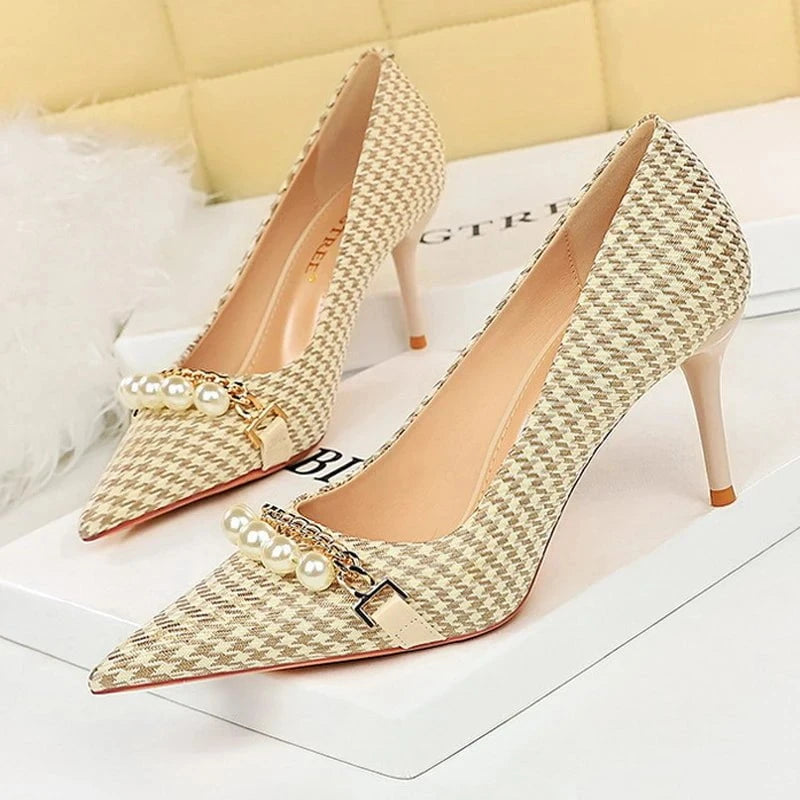 2025 Spring Women’s Pumps – Luxury Pearl & Metal Chain Stilettos with Checked Grain, High Heels Banquet Shoes for Women (Size 43) by Luxe Ahmar – Available at LUXE AHMAR