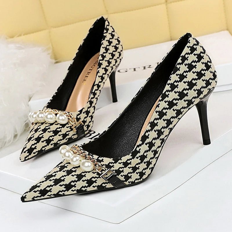 2025 Spring Women’s Pumps – Luxury Pearl & Metal Chain Stilettos with Checked Grain, High Heels Banquet Shoes for Women (Size 43) by Luxe Ahmar – Available at LUXE AHMAR