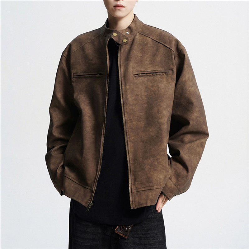 Men’s Vintage Motorcycle Leather Jacket – PU Stand-Up Collar Distressed Coat