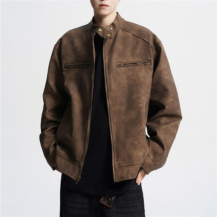 Men’s Vintage Motorcycle Leather Jacket – PU Stand-Up Collar Distressed Coat