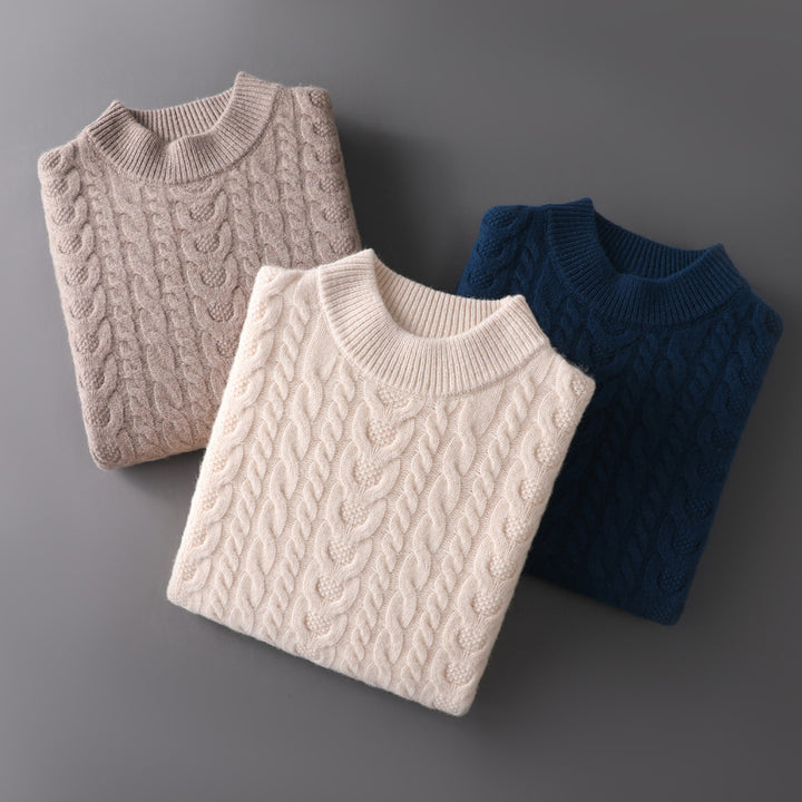 Men’s Wool Pullover Sweater – Half Turtleneck Cable Knit Thick Knitwear