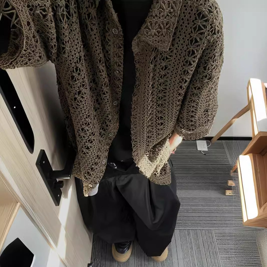 Men’s Retro Hollow-Out Knitted Short Sleeve Cardigan – Summer Loose-Fit Top