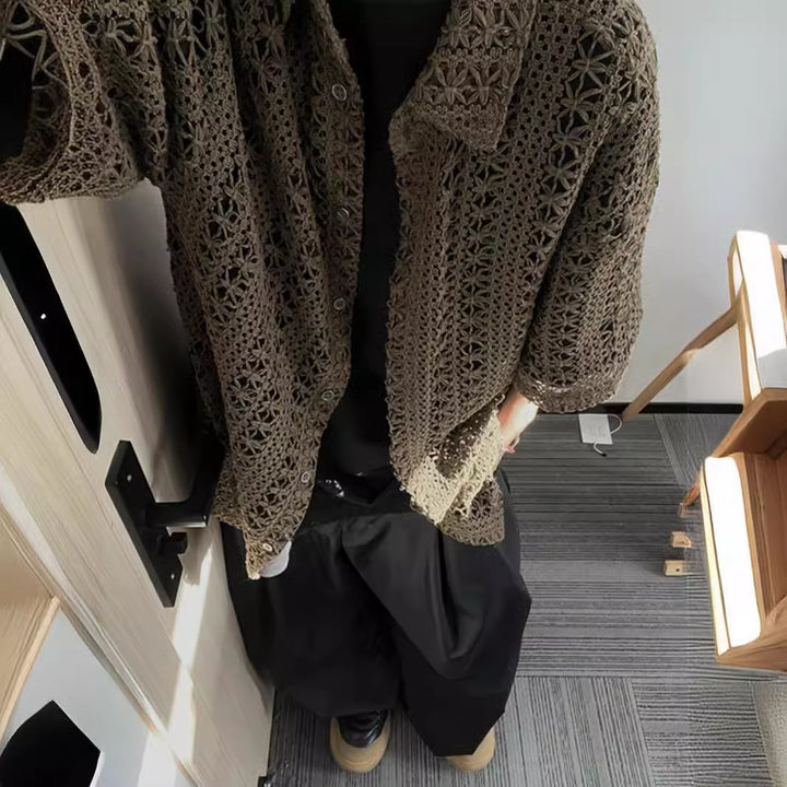 Men’s Retro Hollow-Out Knitted Short Sleeve Cardigan – Summer Loose-Fit Top