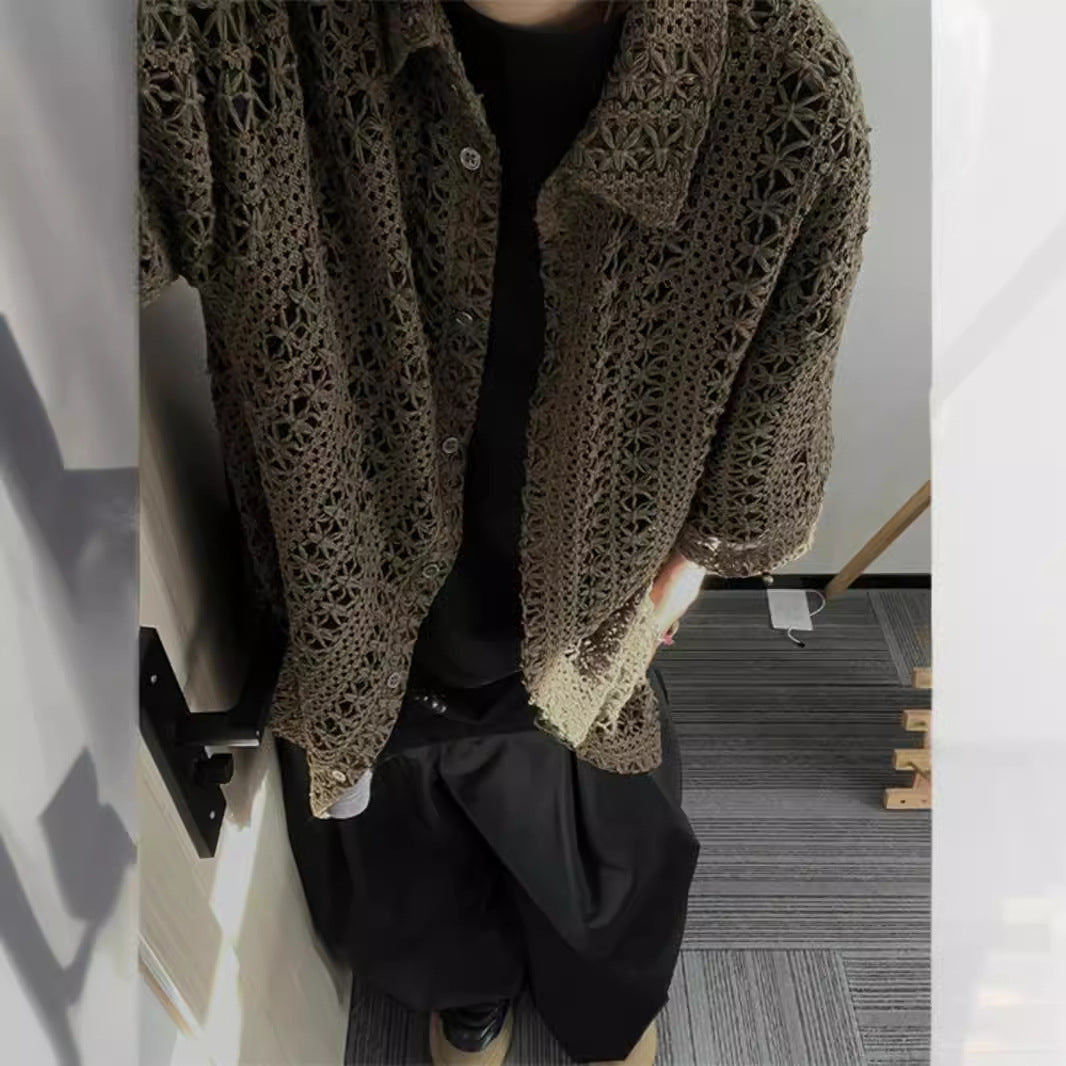 Men’s Retro Hollow-Out Knitted Short Sleeve Cardigan – Summer Loose-Fit Top