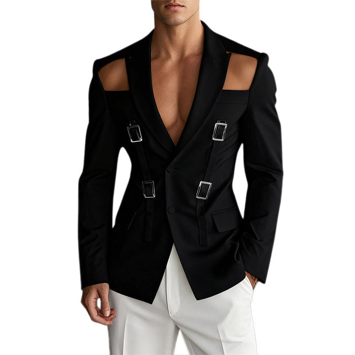 Men’s Slim Fit Solid Color Suit Jacket – Hollow Metal Button Performance Blazer