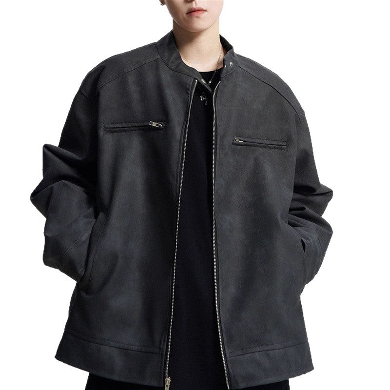 Men’s Vintage Motorcycle Leather Jacket – PU Stand-Up Collar Distressed Coat