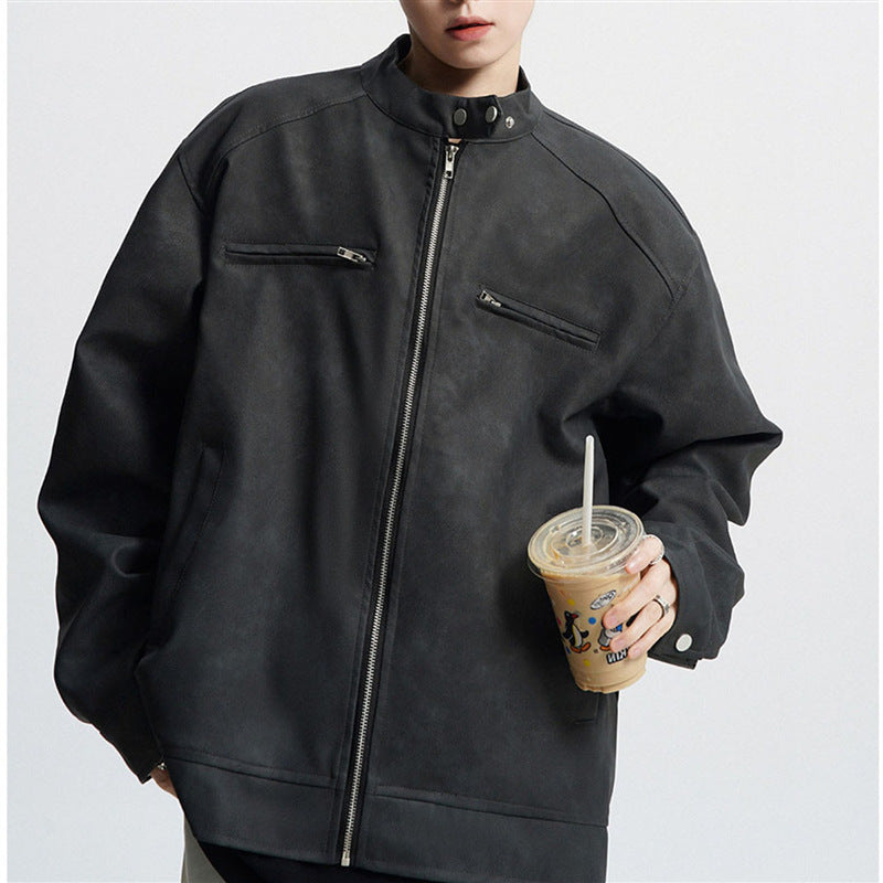 Men’s Vintage Motorcycle Leather Jacket – PU Stand-Up Collar Distressed Coat