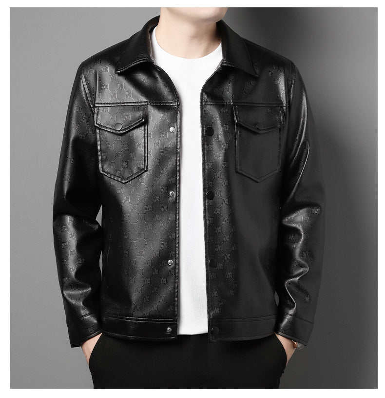Men’s Lightweight Printed Leather Jacket – Slim Fit Lapel Coat for Spring & Autumn