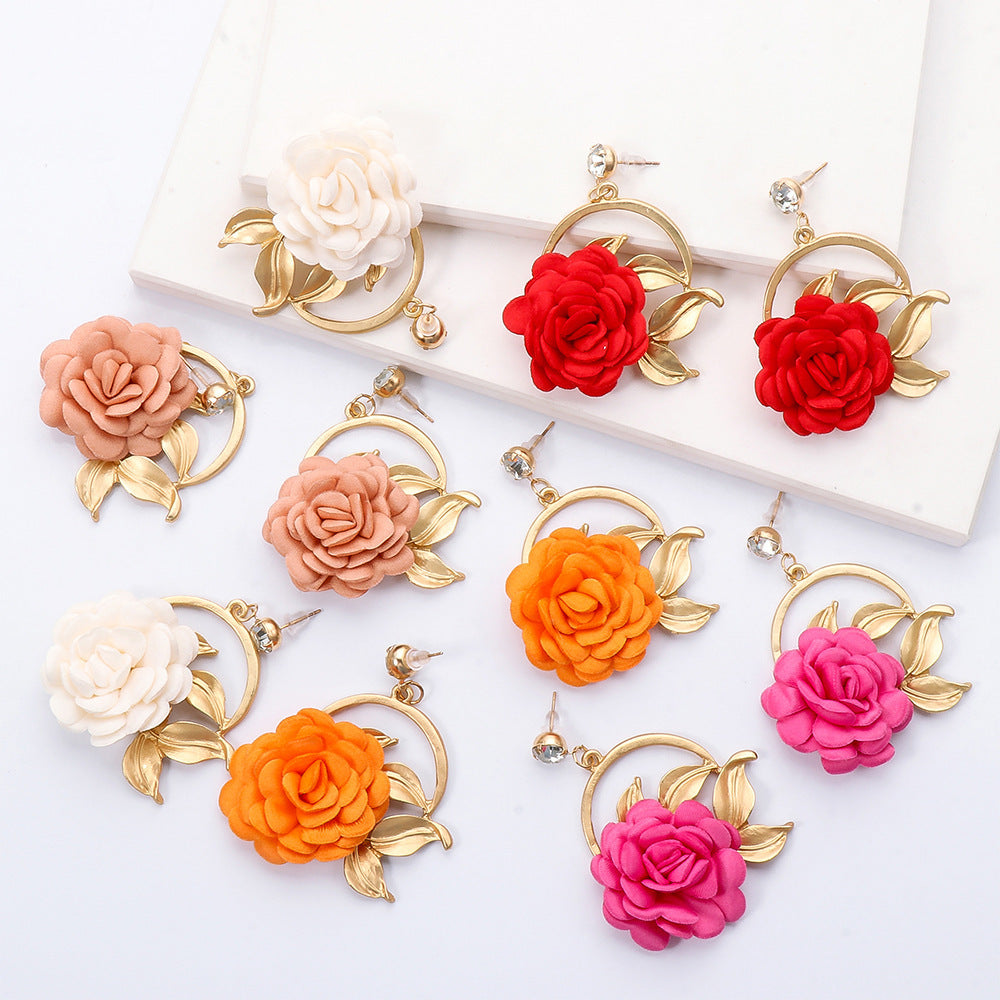 Ear Hanging Cloth Flower Earrings