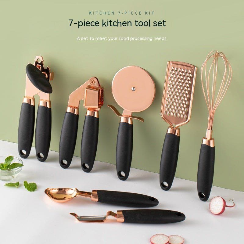 7 - Piece Rose Gold Stainless Steel Kitchen Tool Set – Elegant Countertop Cooking Utensils Organizer by LUXE AHMAR – Available at LUXE AHMAR