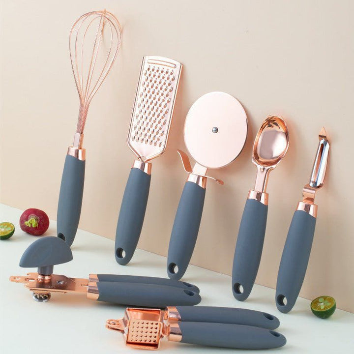 7 - Piece Rose Gold Stainless Steel Kitchen Tool Set – Elegant Countertop Cooking Utensils Organizer by LUXE AHMAR – Available at LUXE AHMAR
