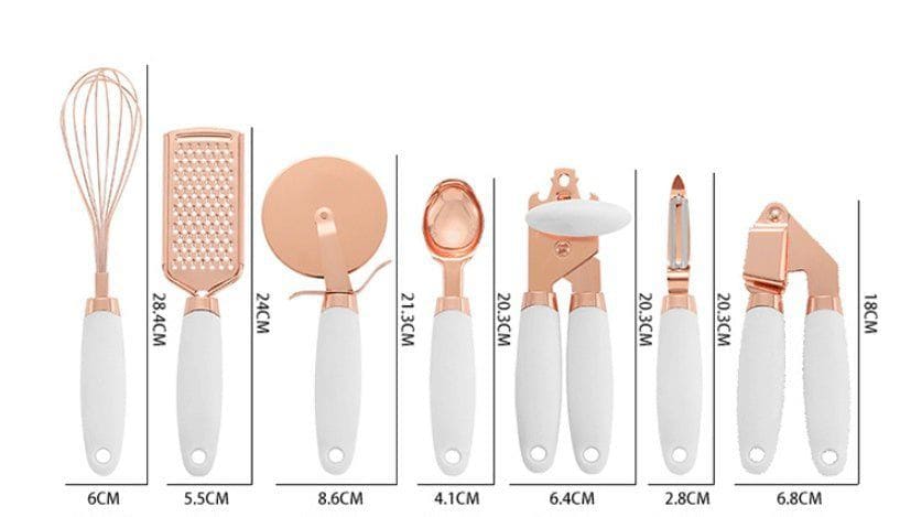 7 - Piece Rose Gold Stainless Steel Kitchen Tool Set – Elegant Countertop Cooking Utensils Organizer by LUXE AHMAR – Available at LUXE AHMAR
