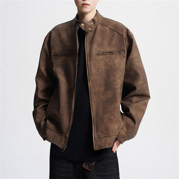 Men’s Vintage Motorcycle Leather Jacket – PU Stand-Up Collar Distressed Coat
