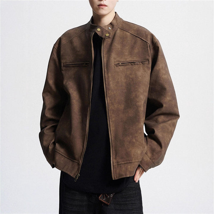 Men’s Vintage Motorcycle Leather Jacket – PU Stand-Up Collar Distressed Coat