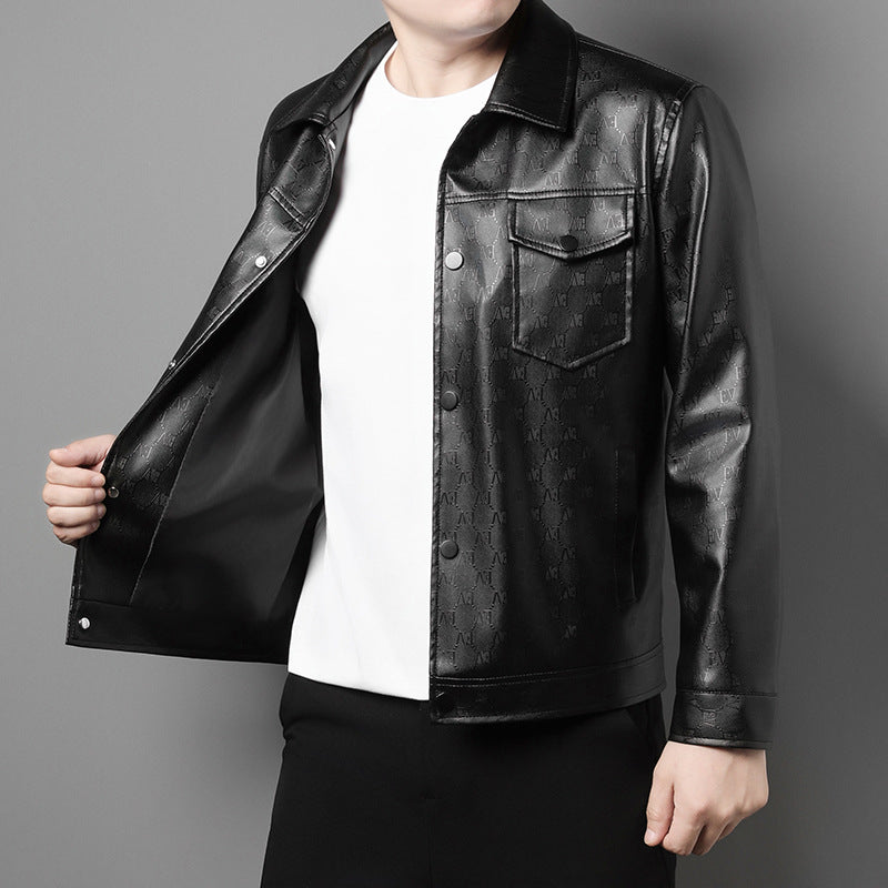 Men’s Lightweight Printed Leather Jacket – Slim Fit Lapel Coat for Spring & Autumn