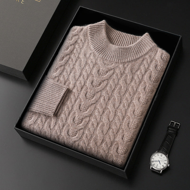 Men’s Wool Pullover Sweater – Half Turtleneck Cable Knit Thick Knitwear