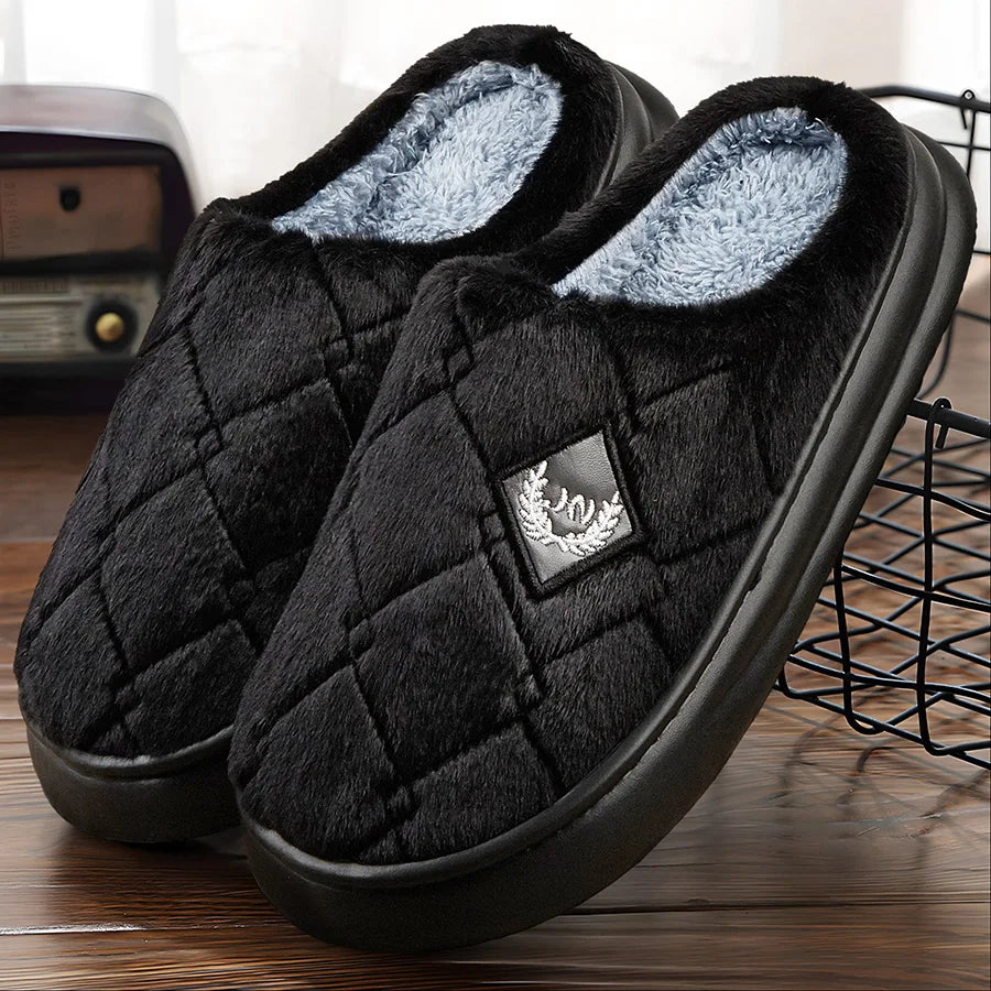 Men's Winter Furry Plaid House Slippers – Warm Plush, Non-Slip Memory Foam Indoor Shoes (Big Sizes Available)