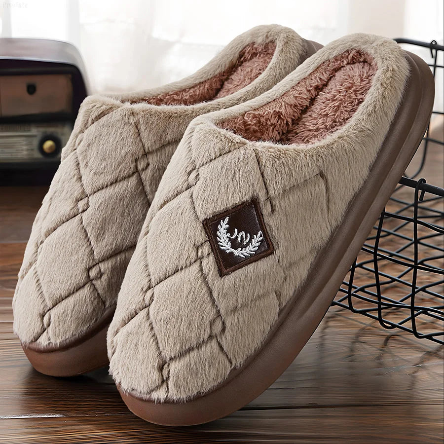 Men's Winter Furry Plaid House Slippers – Warm Plush, Non-Slip Memory Foam Indoor Shoes (Big Sizes Available)