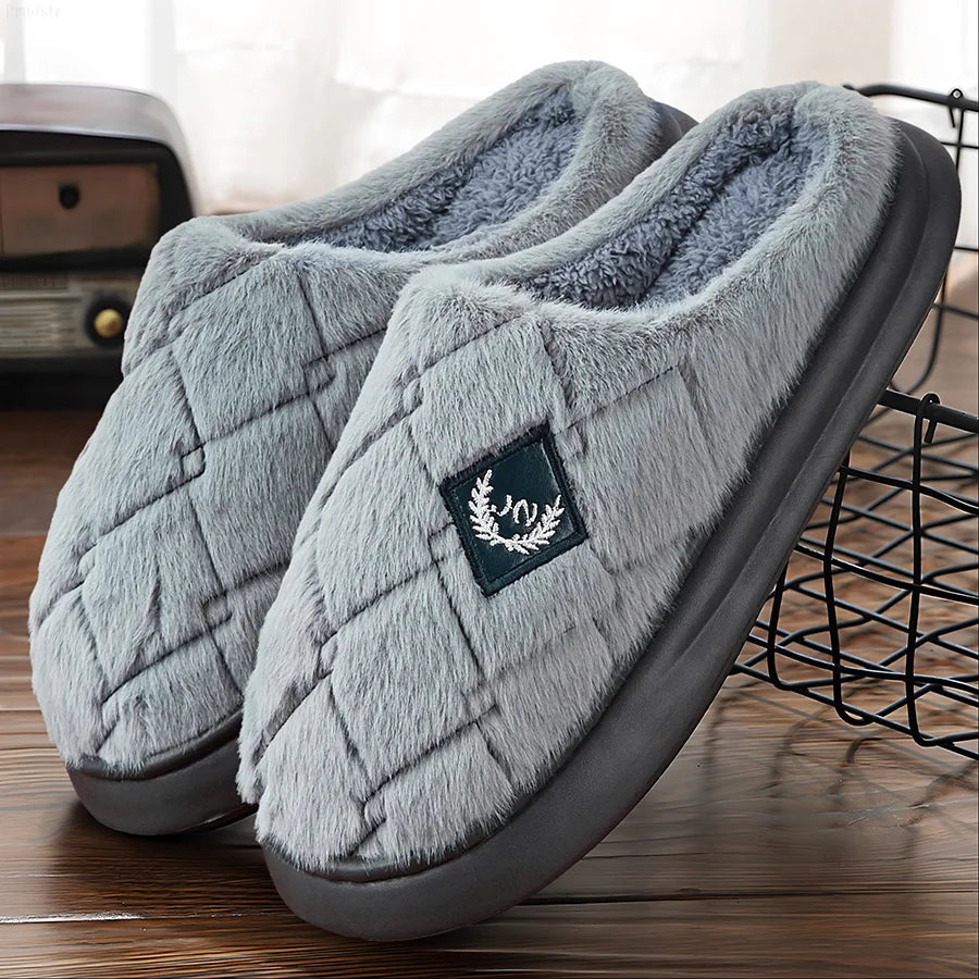 Men's Winter Furry Plaid House Slippers – Warm Plush, Non-Slip Memory Foam Indoor Shoes (Big Sizes Available)