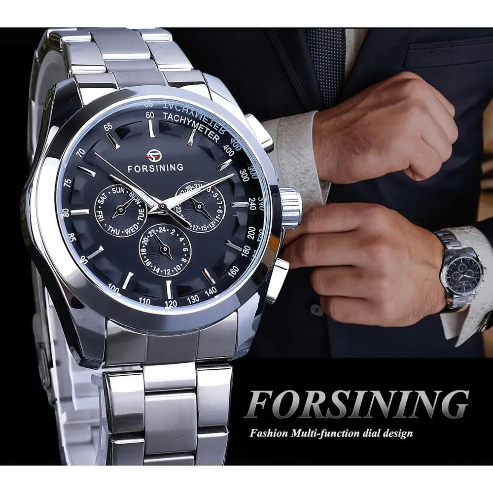 Forsining Business Style Automatic Watch for Men – Black Dial Mechanical Wristwatch with Calendar & Luminous Pointers, Free Shipping to Brazil