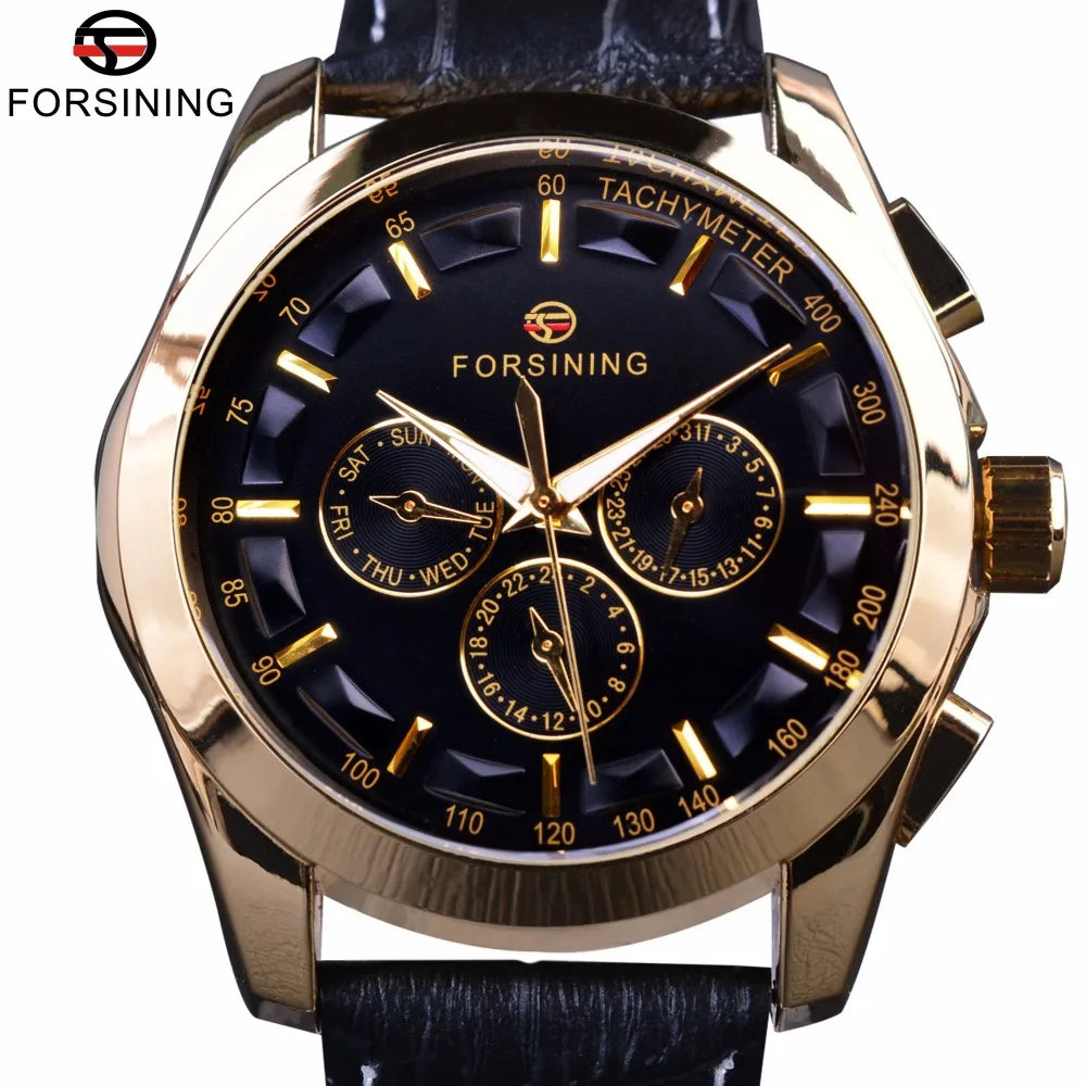 Forsining 2017 Retro Luxury Automatic Mechanical Watch for Men – Golden Design with Genuine Leather Strap & Multi-Dial Decoration