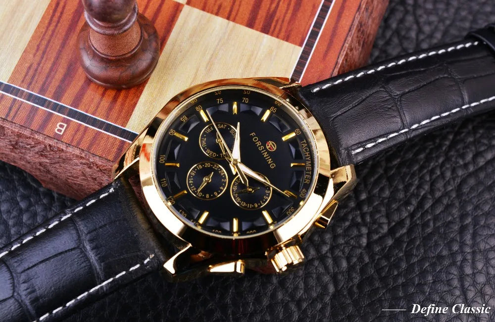 Forsining 2017 Retro Luxury Automatic Mechanical Watch for Men – Golden Design with Genuine Leather Strap & Multi-Dial Decoration