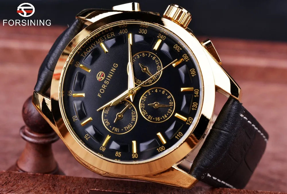 Forsining 2017 Retro Luxury Automatic Mechanical Watch for Men – Golden Design with Genuine Leather Strap & Multi-Dial Decoration