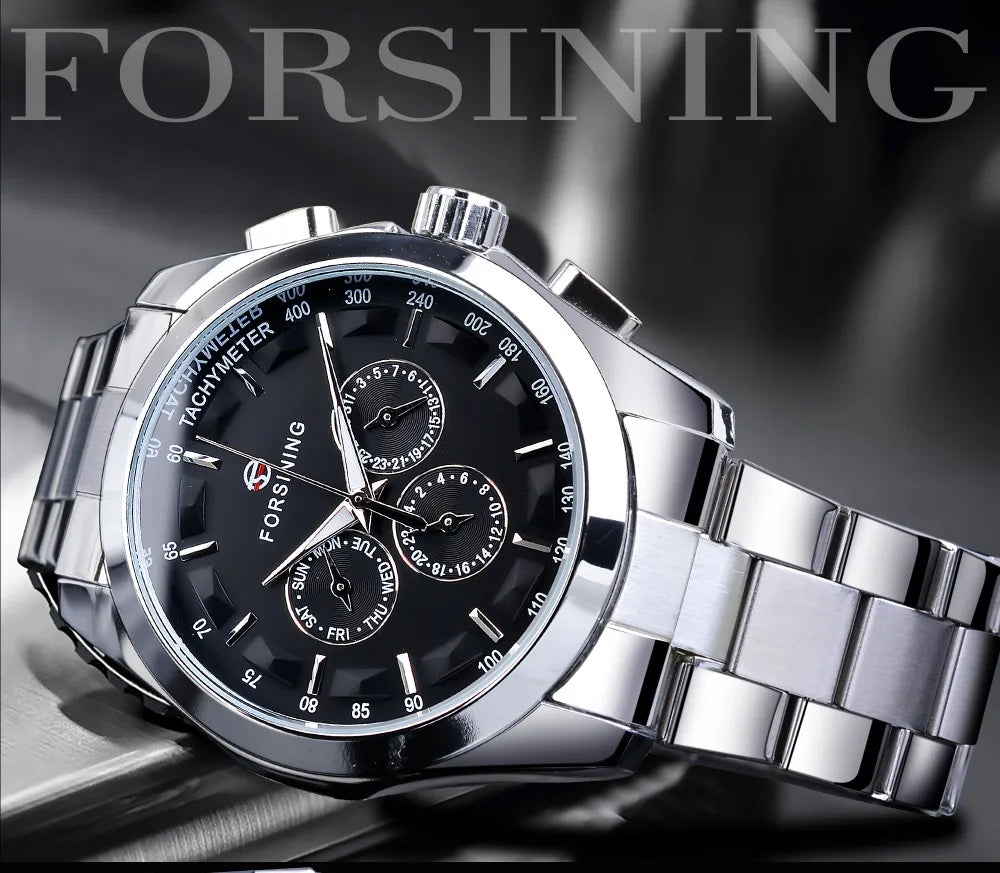 Forsining Business Style Automatic Watch for Men – Black Dial Mechanical Wristwatch with Calendar & Luminous Pointers, Free Shipping to Brazil