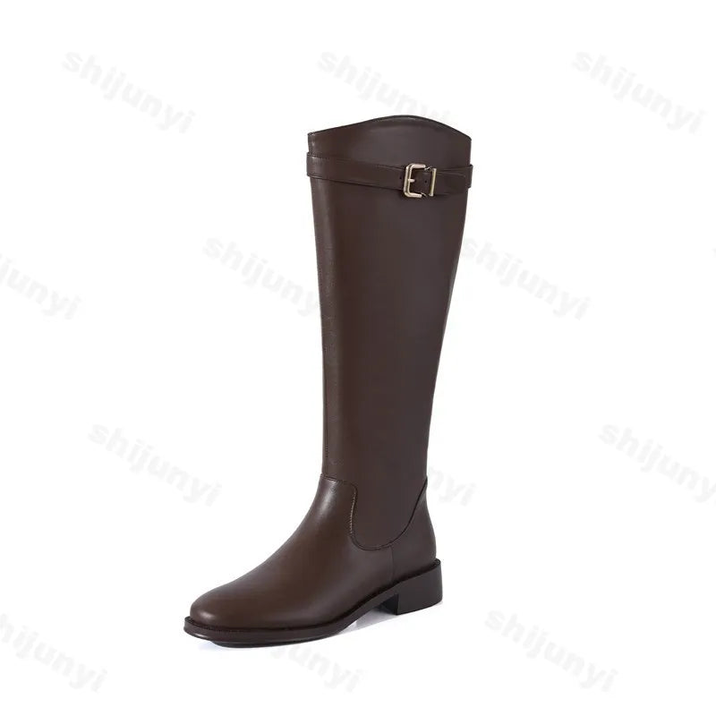 Vintage Warm Plush Knee-High Boots for Women - Fashion Belt Buckle Low Heel Knight Boots