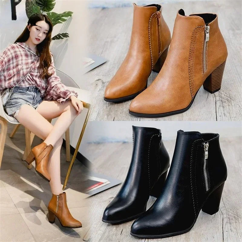 2025 Women’s High-Heel PU Leather Ankle Boots - 8cm Side Zipper Short Boots