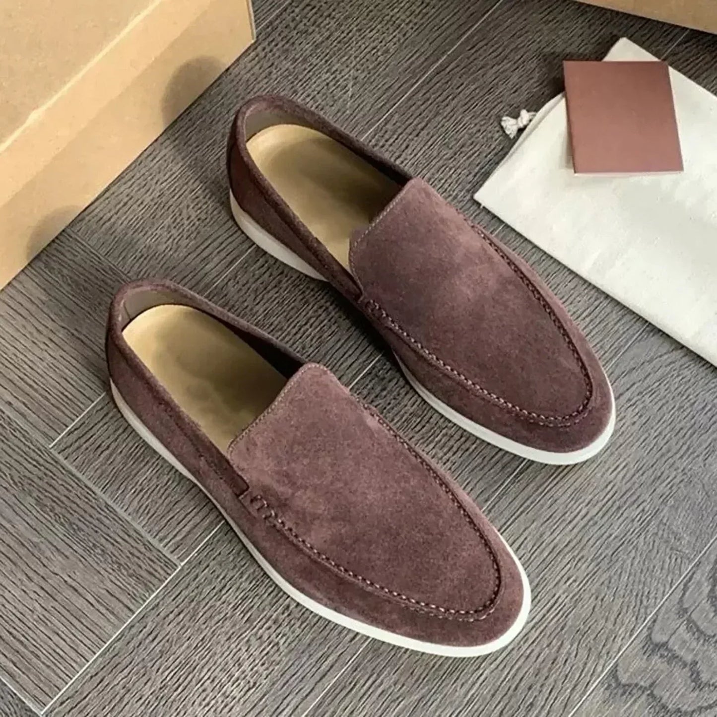 Luxury Men's Suede PU Loafers – Designer Round-Toe Flat Shoes for Casual Work & Walking