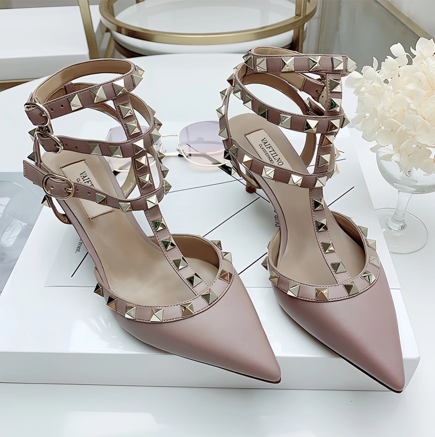 Luxury Women’s Heeled Sandals – 2024 Summer Gladiator Sandals with Rivet Details, Pointed Toe High Heel Designer Party Shoes