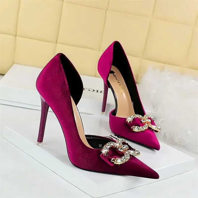 Fashion Women’s High Heel Rhinestone Buckle Bow Pumps – Velvet Green & Pink Pointed Toe, Elegant Wedding & Evening Shoes