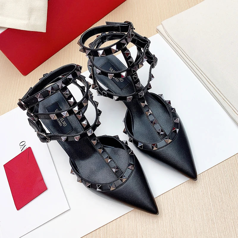 Luxury Women’s Heeled Sandals – 2024 Summer Gladiator Sandals with Rivet Details, Pointed Toe High Heel Designer Party Shoes