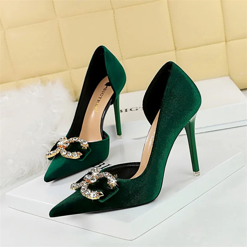 Fashion Women’s High Heel Rhinestone Buckle Bow Pumps – Velvet Green & Pink Pointed Toe, Elegant Wedding & Evening Shoes