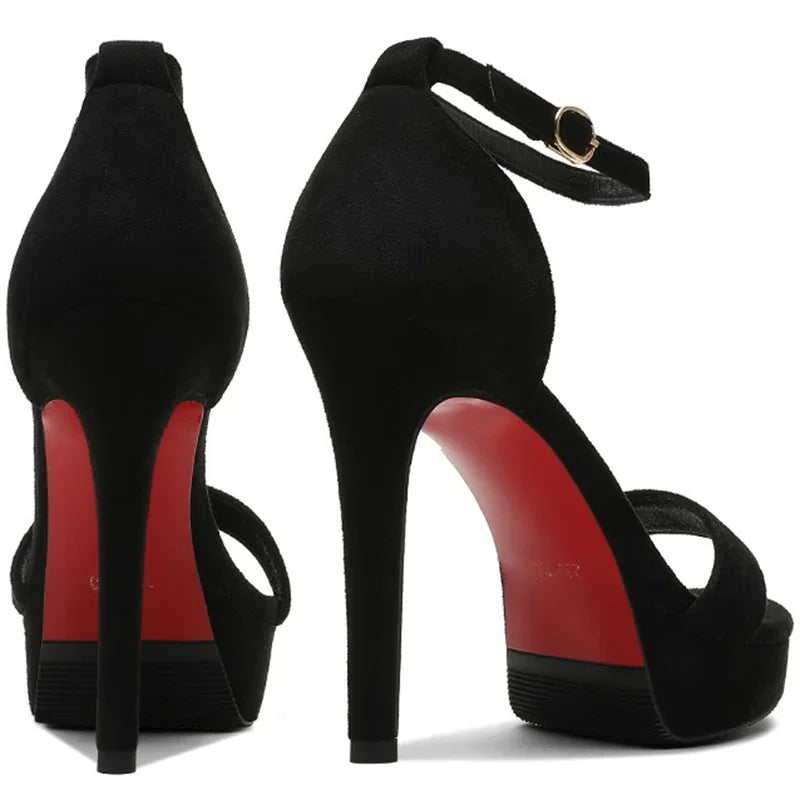 New Summer Women's 12cm High Heels – 2cm Platform Suede Black Sandals, Lady Stiletto Heels, Strappy Catwalk Fetish Shoes