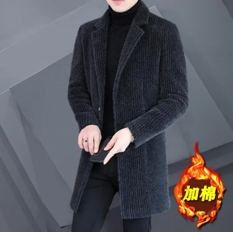 2024 High-end Feel Men Fashion Handsome All Woolen Coat Suit Collar Long Trench Coat Woolen Coat Thick Casual Winter Jacket Men